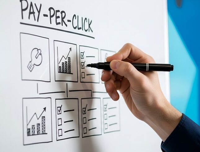 Hand drawing a pay per click advertising strategy flowchart on a whiteboard for personal injury lawyers